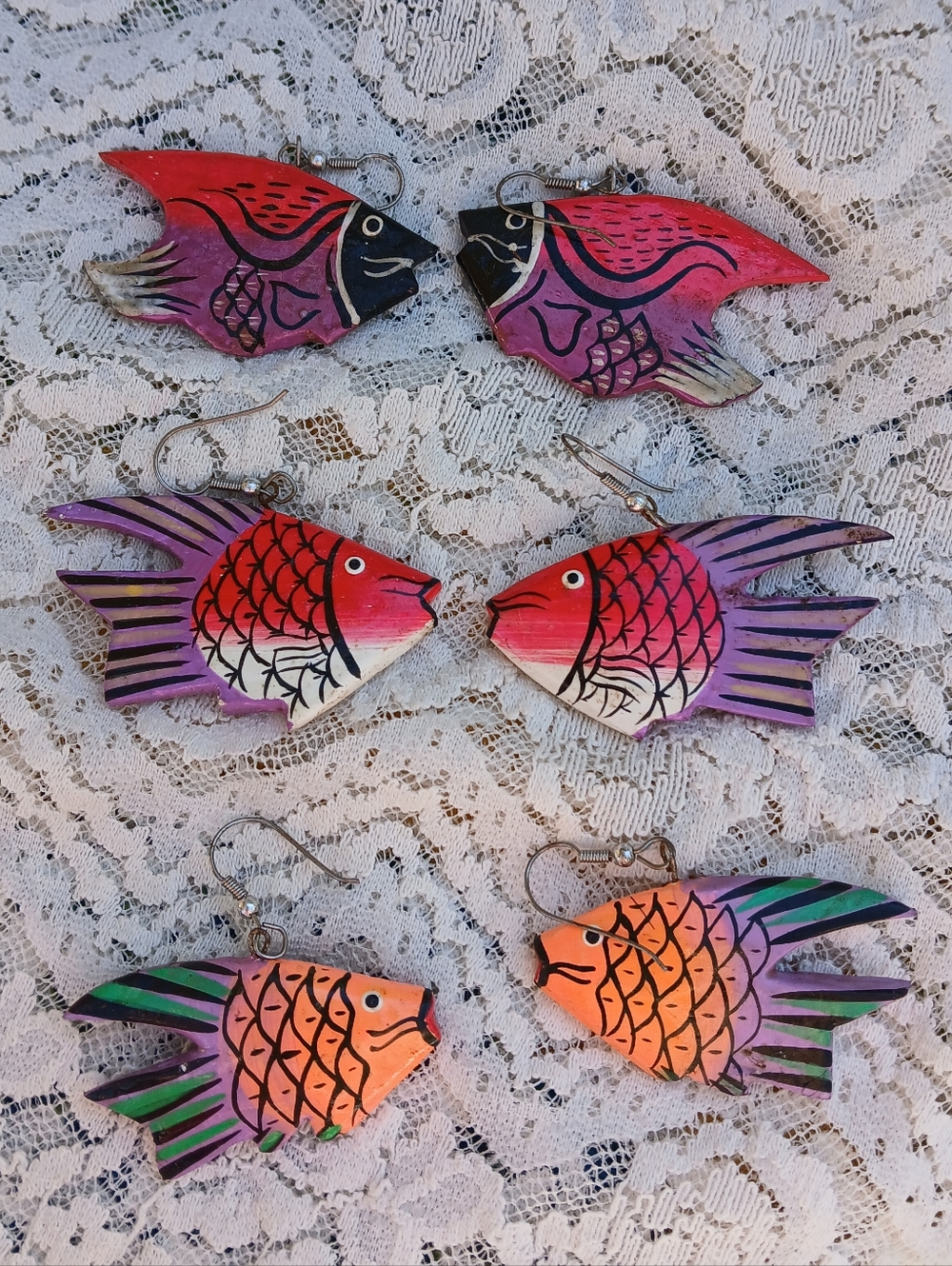 Vintage Lot Of 3 Pairs Hand-Painted Wood Fish Earrings Pink, Purple & Orange